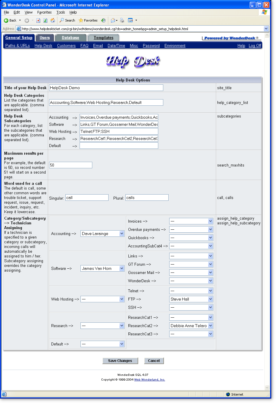 Help Desk Software Screenshots Control Panel Help Desk Options